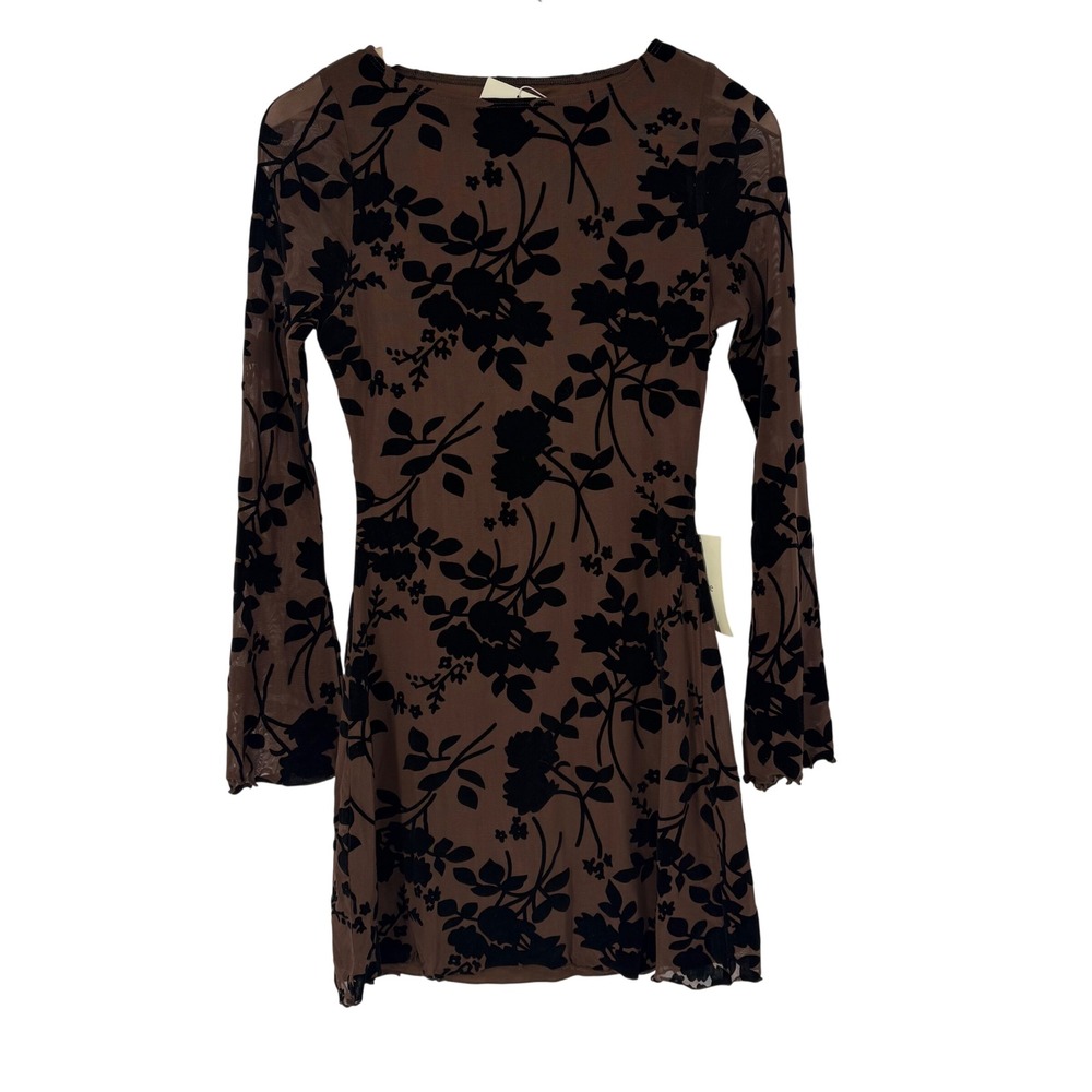 Böhme‎ Brown Floral Flocked Velvet Mesh Whimsigoth Mini Dress XS Bell Sleeve